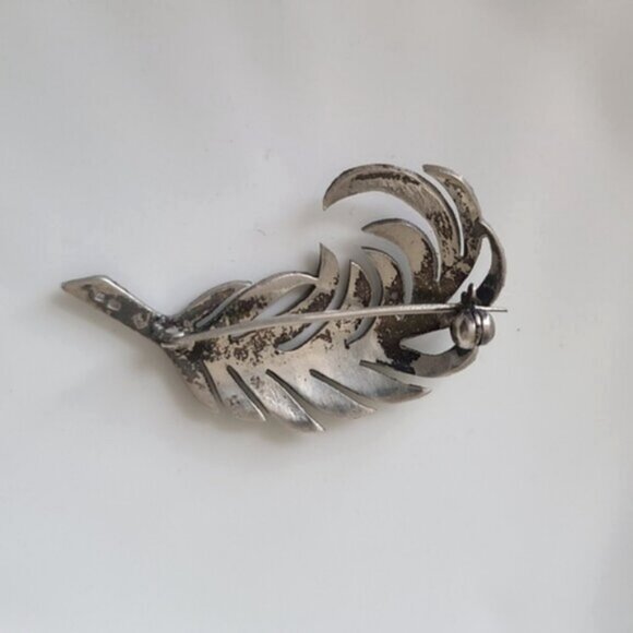 Vintage Antique Sterling Silver Marcasite Stone Pewter Crystal FEATHER Brooch - Picture 3 of 3